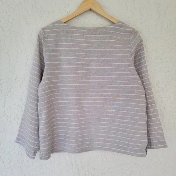 C&C California Long Sleeve Striped Linen Top Tan White Women Size M Round Neck - Picture 4 of 9